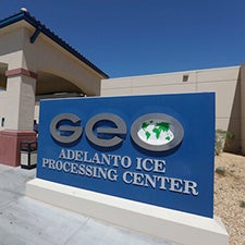 Sign in front of the Adelanto, Texas ICE processing center