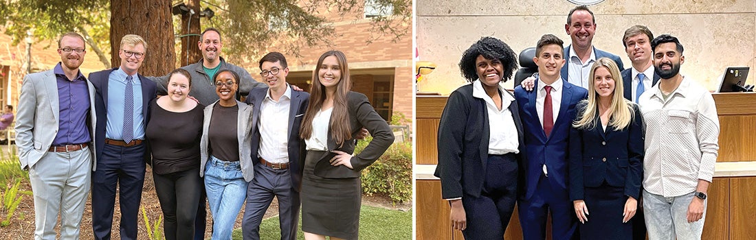 Two side-by-side images showing unidentified members of UCLA Law's Trail Advocacy teams