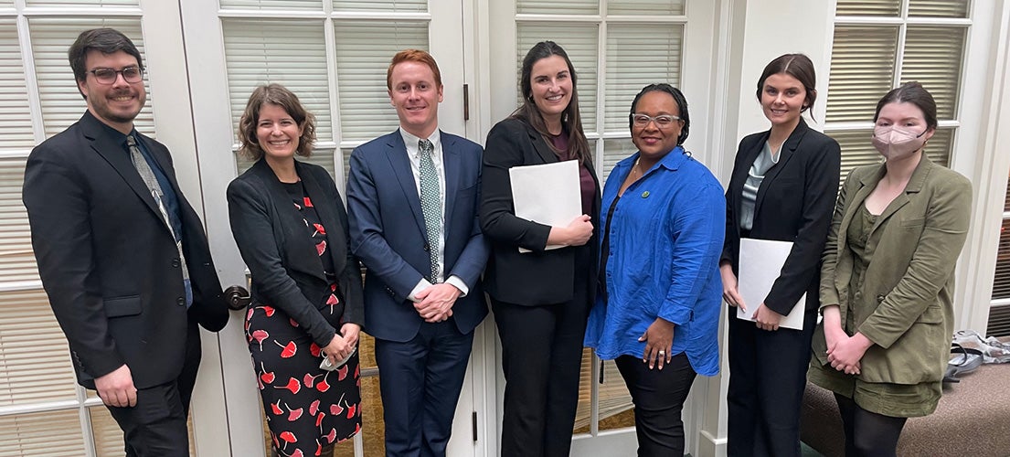 From left: Legislative Director Mark Rossow, UCLA Emmett Institute Deputy Director Julia Stein, Owen McAleer, Gabi Rosenfeld, Assemblymember Lori Wilson, Adrianne Davies, and Emmett/Frankel Fellow Beth Kent in Sacramento.