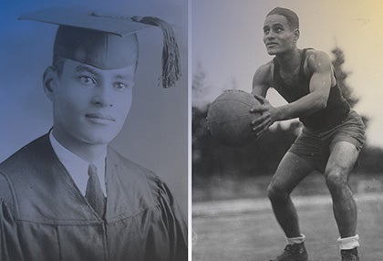 Composite image of Ralph Bunche: On the left, he is shown at commencement; on the right he is shown playing basketball (Courtesy of Bunche (Ralph J.) Papers OpenUCLA Collection)