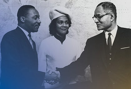 From left: Martin Luther King, Jr., COretta Scott King, and Ralph Bunche
