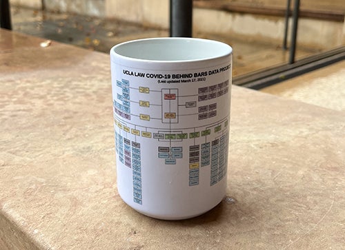 Coffee mug with the Behind Bars Data Project organizational chart printed on it