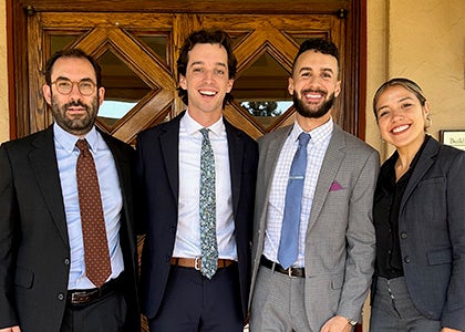 Left to right: Professor Aaron Littman, Jack Stephens ’24, Ali Massoud ’25, and UCLA Law alumna Amaris Montes ’21 collaborated on Sheltra v. Christensen.