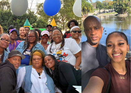 Joseph Turner celebrates with friends and family, including his daughter, Jay’Sha (right)