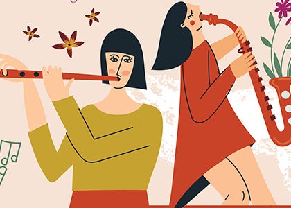 An illustration of two individuals playing musical instruments=