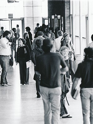 Students in the main hallway of the UCLA Law building