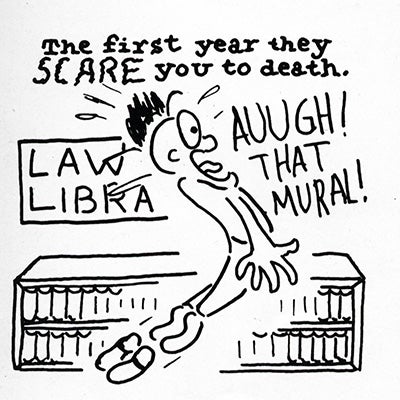 A cartoon from The Docket showing a UCLA Law student's negative reaction to the law library mural