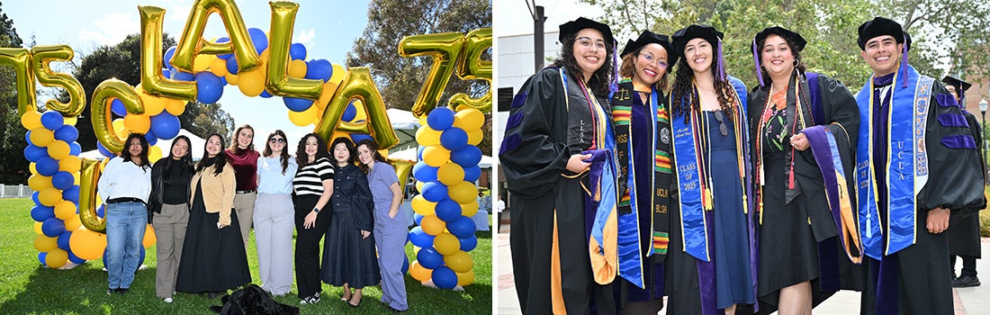 The law school celebrates its 75th anniversary on Royce Quad in April 2025 (left) and graduates from the Class of 2025 at commencement.