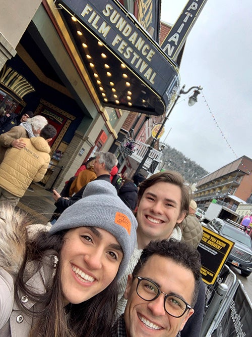 Documentary Film Legal Clinic students in front of a marquee for the Sundance Film Festival