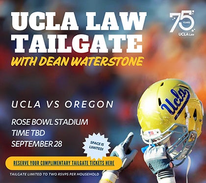 UCLA Law tailgate party flyer showing a football player's helmet