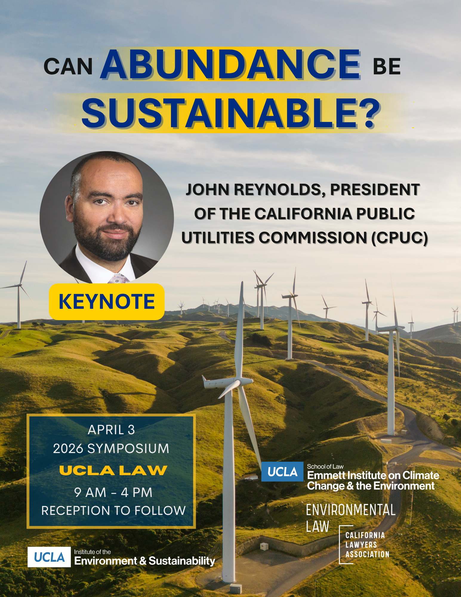 Wind turbines on a hill with a headshot of a keynote speaker