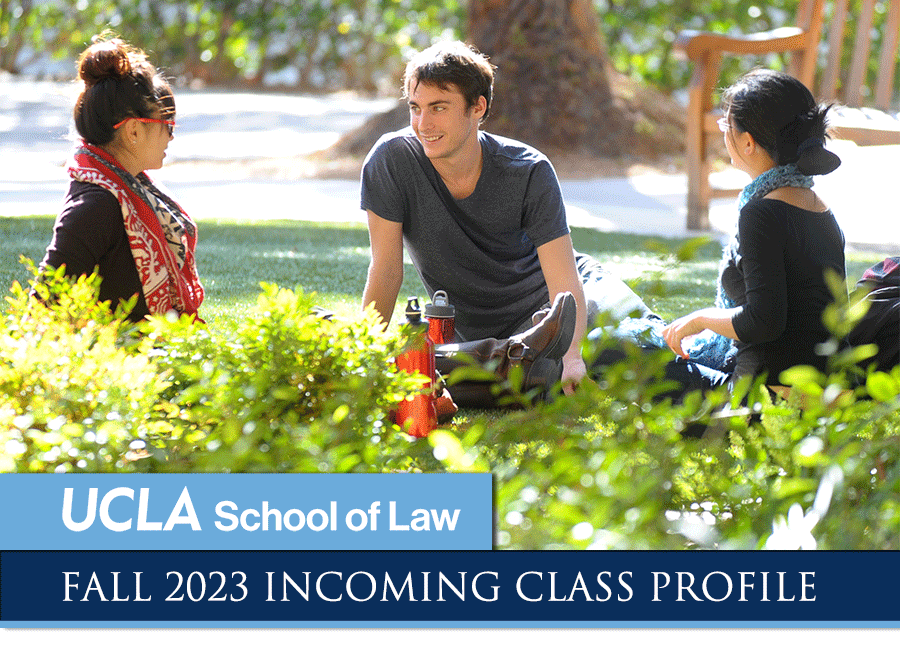 Top graphic of the class profile page showing three UCLA Law students talking with each other