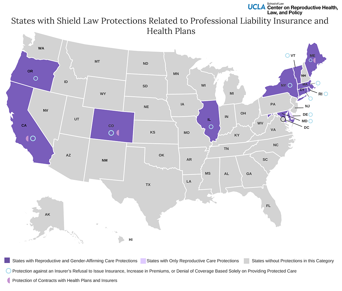 map of the United States noting states with shield law protections related to professional liability insurance and health plans