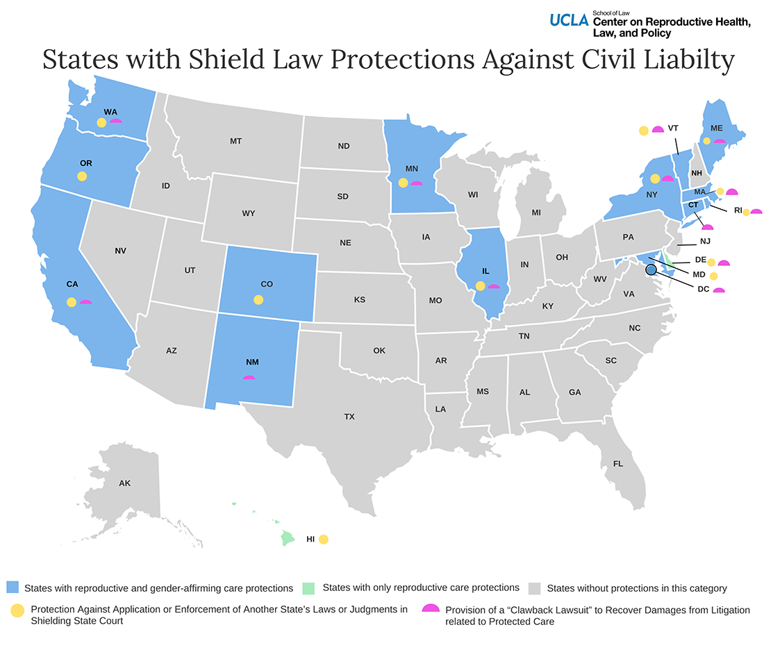 Map of the United States noting states with shield law protections against civil liability