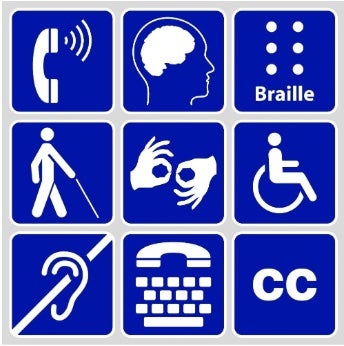 Disability Law Society logo. Icons in all rows. Top row (left to right): Telephone handset, outline of a human head showing the brain, Braille. Middle row (left to right): person walking with a cane, hands using sign language, differently abled invidual. Bottom row (left to right): a human ear with a line throguh it, a teletype keyboard, CC, the closed captioning symbol
