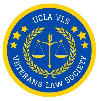 Logo for the UCLA Law Veterans Law Society including the name of the organization, stars, a wreath, and the scales of justice