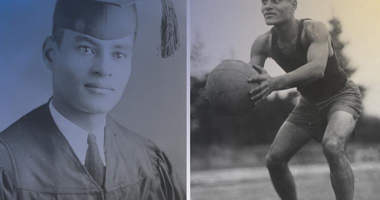 Composite image of Ralph Bunche: On the left, he is shown at commencement; on the right he is shown playing basketball (Courtesy of Bunche (Ralph J.) Papers OpenUCLA Collection)
