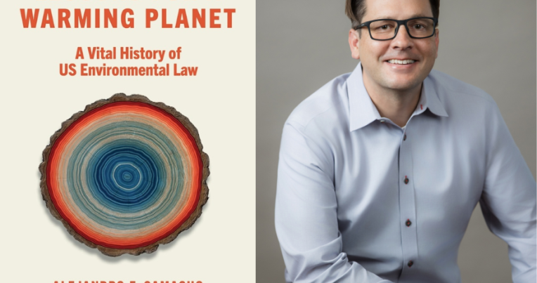 side-by-side images of Alejandro Camacho and the cover of his book, Lessons for a Warming Planet