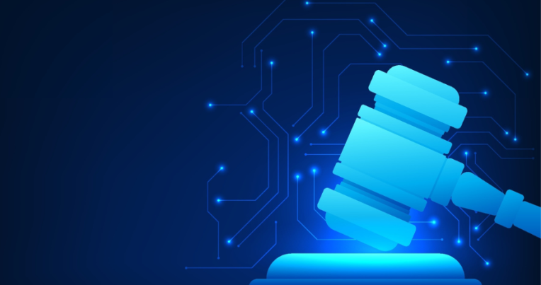 Illustration of a judge's gavel and circuitry in the background