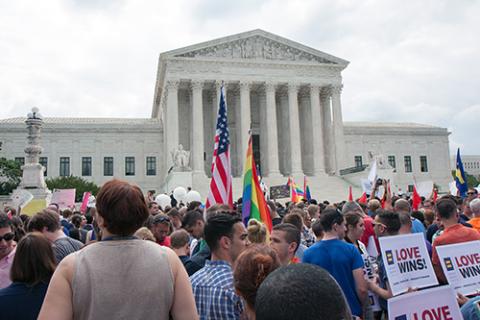 Crowd gathered outside the U.S. Supreme Court on June 26, 2015, after the court’s decision in Obergefell v. Hodges.
