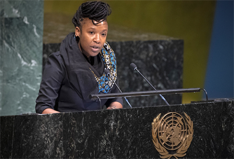 E. Tendayi Achiume speaking at the United Nations