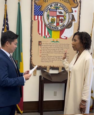 Brenda Suttonwills (right) being sworn in as a member of the City of Los Angeles Employee Relations Board