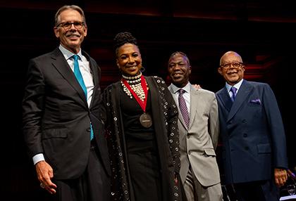 Glenn H. Hutchins, Kimberlé Crenshaw, Professor Guy-Uriel Charles and Henry Louis Gates Jr. Photo credit: Melissa Blackall