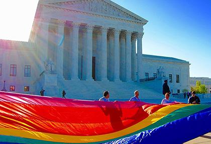 Pride flag in front of the US Supreme Court building. Photo: Jordan Uhl/Flickr