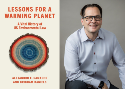 side-by-side images of Alejandro Camacho and the cover of his book, Lessons for a Warming Planet