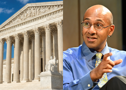 US Supreme Court building (left) and Ahilan Arulanantham (right)