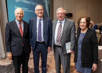 (L-R): ALI president emeritus David F. Levi, project reporters Richard L. Hasen and Douglas Laycock, and ALI director Diane P. Wood celebrate the approval of the Restatement of the Law Third, Torts: Remedies.