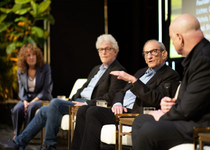 The dealmakers panel, with Ken Ziffren '65 (center, speaking), Linda Lichter, and Donald Passman