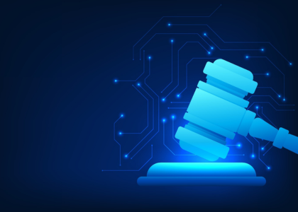 Illustration of a judge's gavel and circuitry in the background