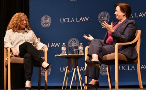 UCLA Law Dean Jennifer L. Mnookin (left), who was elected to the American Academy of Arts and Sciences on April 23, converses with U.S. Supreme Court Justice Elena Kagan in 2018.