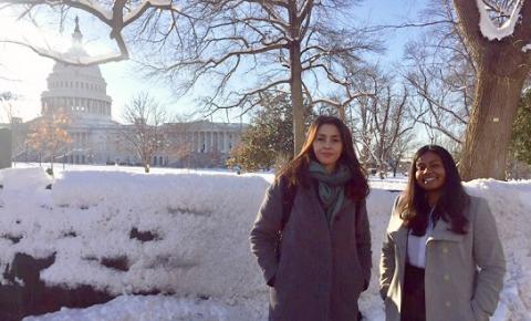 UCLA Law students Charoula Melliou LL.M. ’19 (left) and Divya Rao ’20 stand at the U.S. Capitol, where they delivered recommendations on reducing plastic pollution.