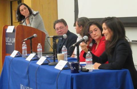 UCLA Law professor Jennifer Chacón moderates a panel featuring Kevin Johnson of UC Davis School of Law, Amada Armenta of UCLA Luskin School of Public Affairs, Ana Muñiz of UC Irvine School of Social Ecology and Julia Mendoza of Stanford Law School.