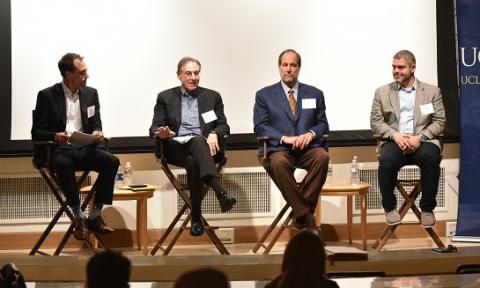 Adam Sullins '99, Steve Greenberg '77, Jeffrey Moorad and Ahmad Nassar discuss integrity in sports gambling at "All Bets Are On" on Feb. 8.