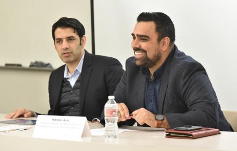 Facebook's Shaarik Zafar (left) and UCLA Law alumnus Haroon Azar ’08 speak at "Can Social Media Be Fixed? (And Do They Need Fixing?)" on Feb. 15.