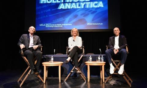 Kenneth Ziffren '65, Meg Whitman and Jeffrey Katzenberg present the keynote conversation at the 43rd UCLA Entertainment Symposium on March 16.
