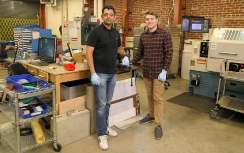 Mote members Harshul Thakkar (left) and Mac Kennedy have been refining prototypes of their environmental product at the Los Angeles Cleantech Incubator.