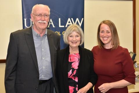 UCLA Law professor Beth Colgan (right) celebrates with her parents, Steve and Sue, at the presentation of the 2019 Rutter Award for Excellence in Teaching.