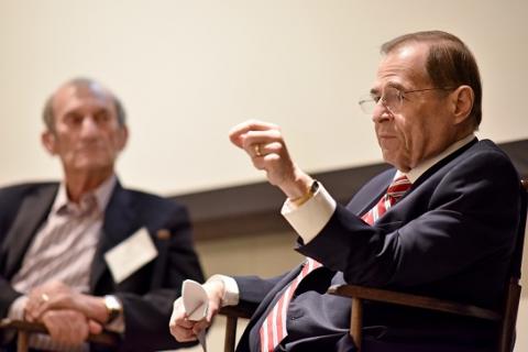 Alumnus and entertainment attorney Ken Ziffren ’65 (left) appears in conversation with U.S. Rep. Jerrold Nadler at UCLA Law on April 23.