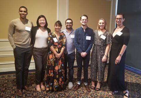 Ajwang Rading ’20, Michelle Xu ’19, Claudia Peña ’08, Luis Vasquez ’19, Ian Grady ’19, Alyson Tocicki ’20 and Sunney Poyner ’19 celebrate at the Student Leadership Breakfast.