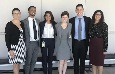 Alicia Virani ’11 (far right) stands with members of the Bail Practicum in 2019. UCLA Law clinics have participated in a lawsuit seeking to protect prisoners during the COVID-19 crisis.