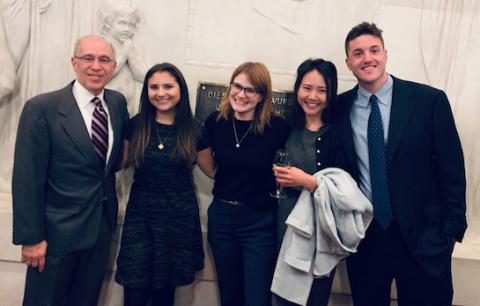 L to R: Vis moot court team coach Peter Rosen, Olivia Florio-Roberts ’19, Charlotte Leszinske ’20, Hannah Jung ’20 and Andrew Barondess ’20 competed in Vienna, Austria, in 2019.
